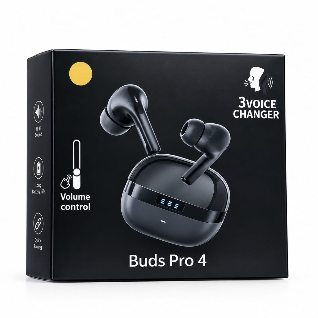 Buds Pro 4 Wireless Earbuds Black | 3 Voice Changer + Volume Control