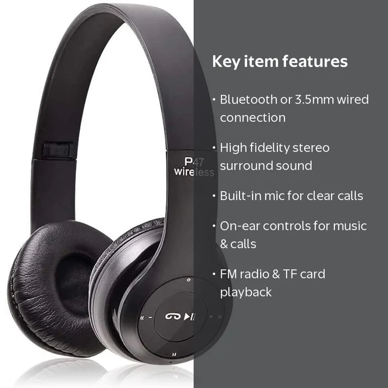 P47 Wireless Bluetooth Headphones - 5.0 + EDR - Foldable Bass Headset